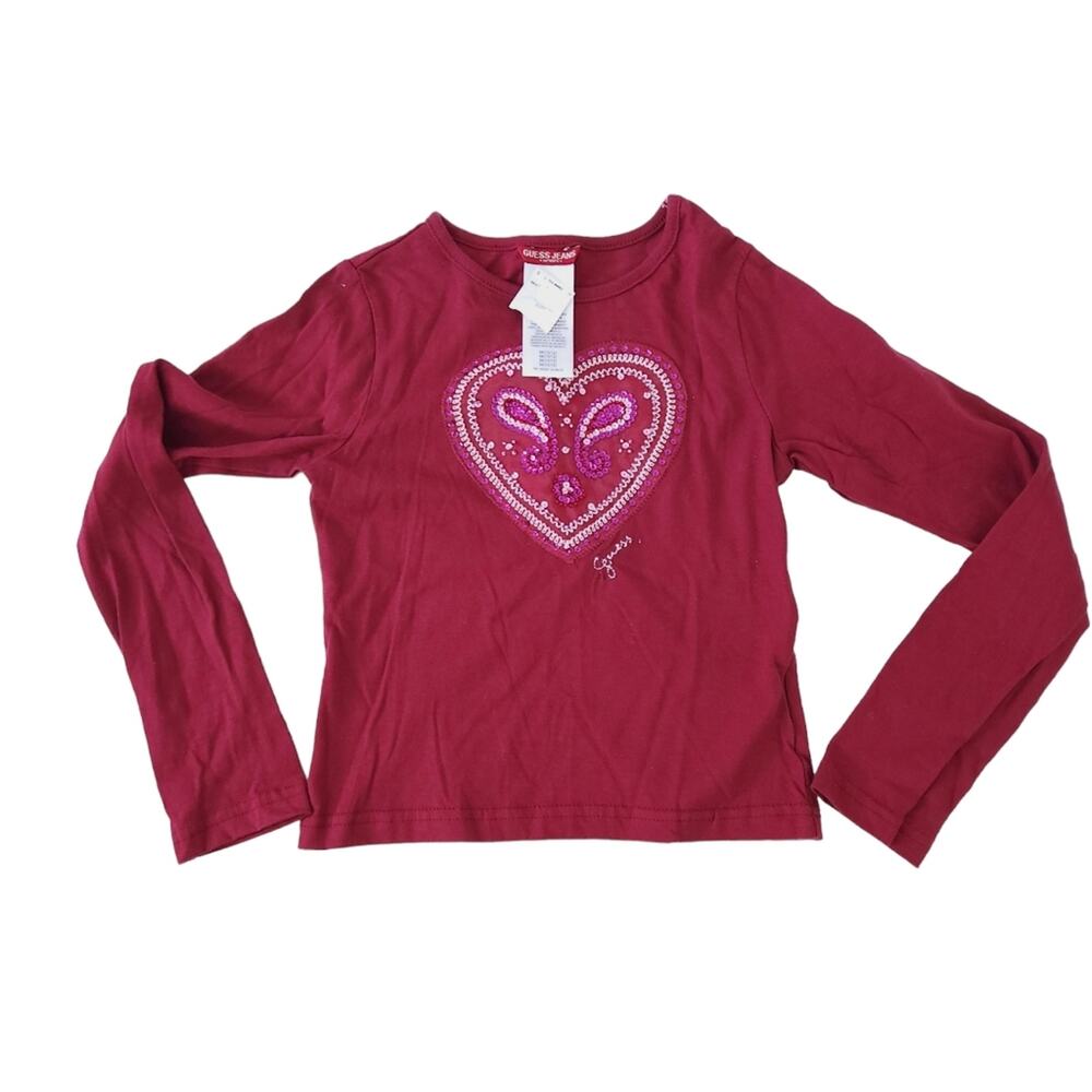 NEW Guess Jeans Girls Heart Long Sleeve Shirt Medium 10/12 Rhinestone Red Pink